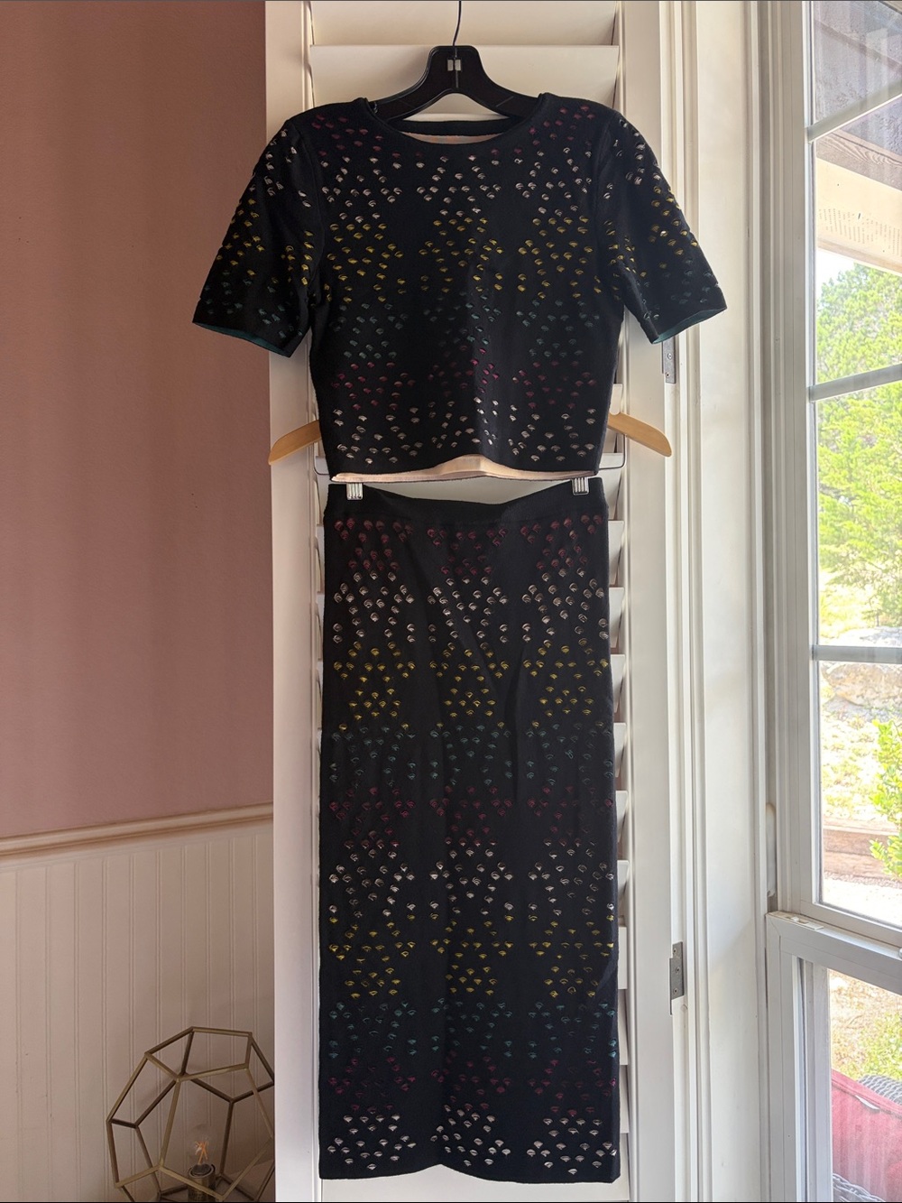 Alice + Olivia Black Maxi Skirt with Multicolor Dot Pattern